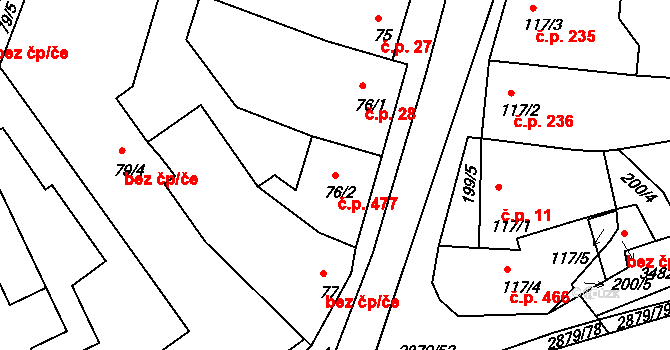 Bystřice pod Hostýnem 477 na parcele st. 76/2 v KÚ Bystřice pod Hostýnem, Katastrální mapa