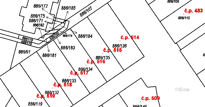 Holubice 515 na parcele st. 886/135 v KÚ Holubice, Katastrální mapa