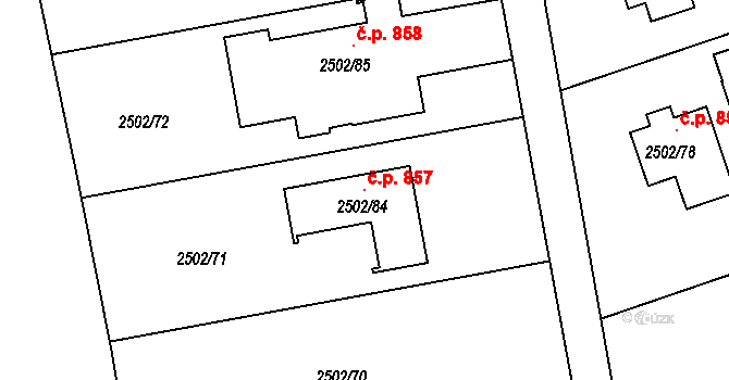 Rapotín 857 na parcele st. 2502/84 v KÚ Rapotín, Katastrální mapa