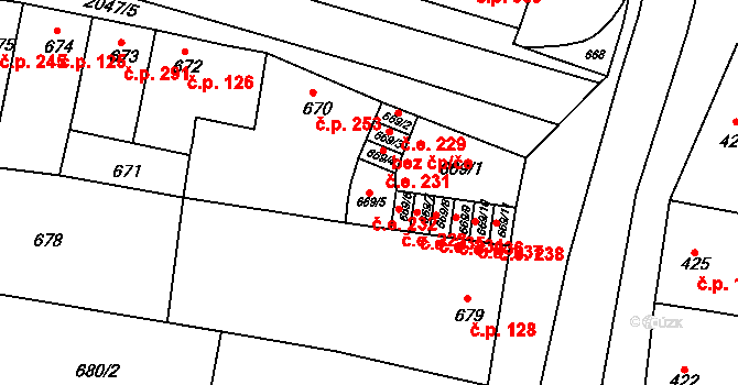 Modřice 232 na parcele st. 669/5 v KÚ Modřice, Katastrální mapa
