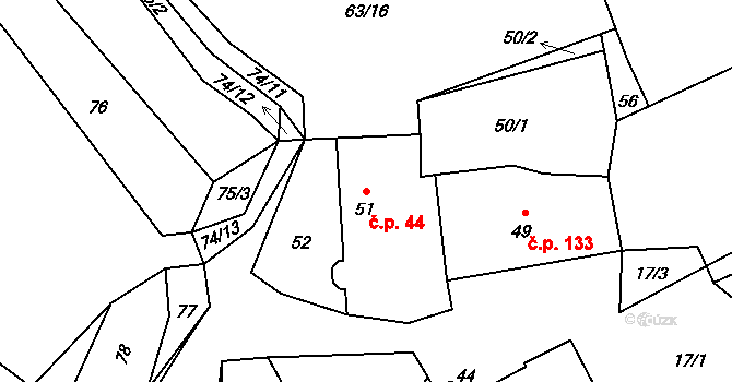 Hřebeč 44 na parcele st. 51 v KÚ Hřebeč, Katastrální mapa