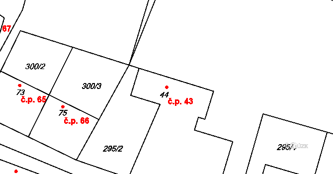 Blevice 43 na parcele st. 44 v KÚ Blevice, Katastrální mapa