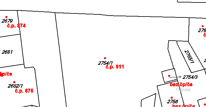 Pod Bezručovým vrchem 911, Krnov na parcele st. 2754/1 v KÚ Krnov-Horní Předměstí, Katastrální mapa