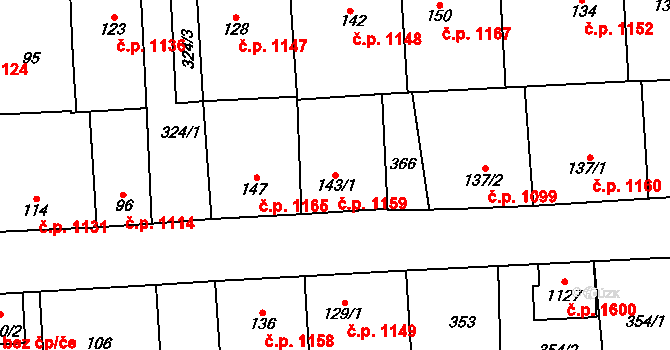 Švermov 1159, Kladno na parcele st. 143/1 v KÚ Hnidousy, Katastrální mapa