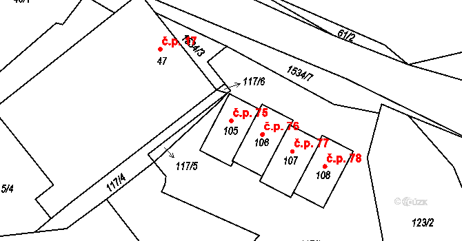 Pluhův Žďár 75 na parcele st. 105 v KÚ Pluhův Žďár, Katastrální mapa