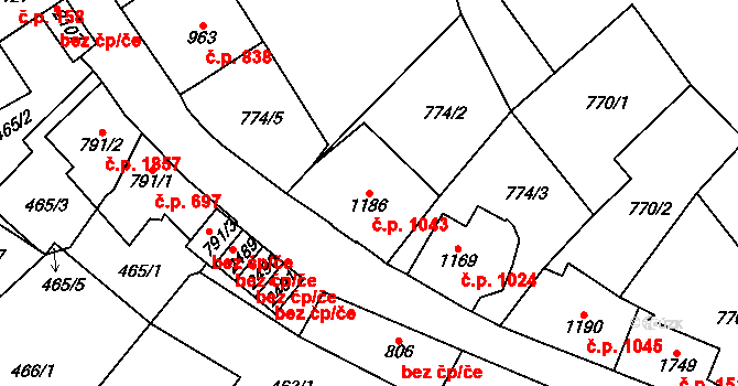 Kraslice 1043 na parcele st. 1186 v KÚ Kraslice, Katastrální mapa