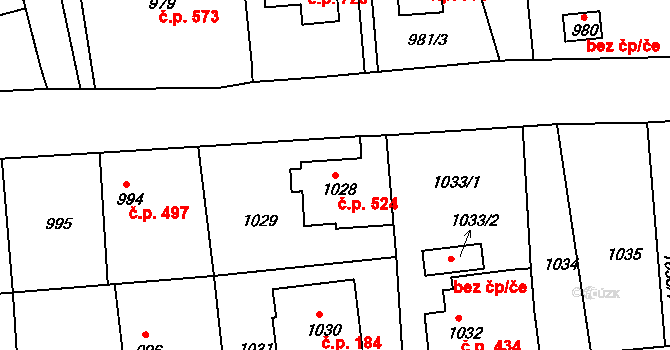 Hrádek nad Nisou 524 na parcele st. 1028 v KÚ Hrádek nad Nisou, Katastrální mapa