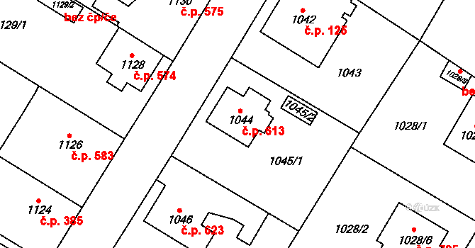 Kosmonosy 613 na parcele st. 1044 v KÚ Kosmonosy, Katastrální mapa