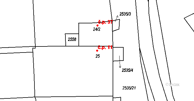 Radostice 11, Borovany na parcele st. 25 v KÚ Radostice u Trocnova, Katastrální mapa