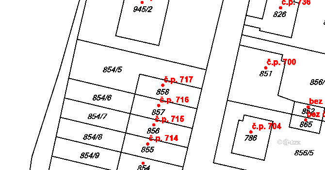 Libochovice 717 na parcele st. 858 v KÚ Libochovice, Katastrální mapa