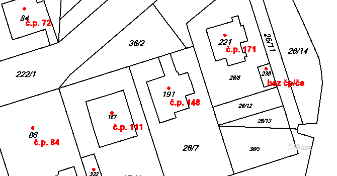 Polabec 148, Poděbrady na parcele st. 191 v KÚ Polabec, Katastrální mapa