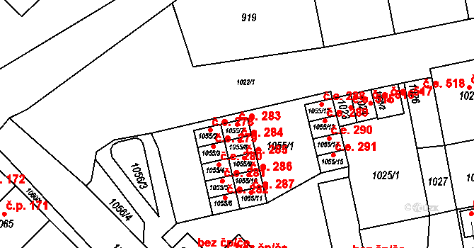 Miřetice u Klášterce nad Ohří 283, Klášterec nad Ohří na parcele st. 1055/7 v KÚ Miřetice u Klášterce nad Ohří, Katastrální mapa