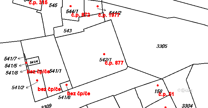 Pelhřimov 877 na parcele st. 542/1 v KÚ Pelhřimov, Katastrální mapa