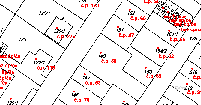 Prosetice 58, Teplice na parcele st. 149 v KÚ Prosetice, Katastrální mapa
