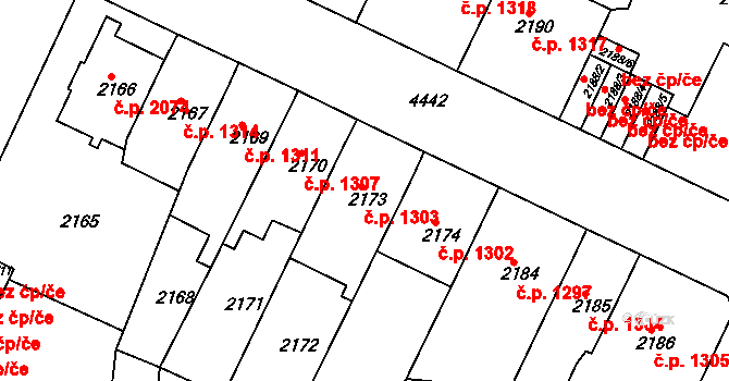 Teplice 1303 na parcele st. 2173 v KÚ Teplice, Katastrální mapa