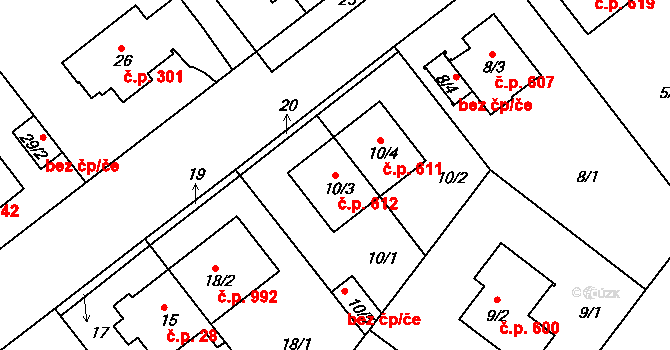 Lhotka 612, Praha na parcele st. 10/3 v KÚ Lhotka, Katastrální mapa