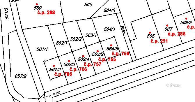 Bohnice 755, Praha na parcele st. 563/2 v KÚ Bohnice, Katastrální mapa