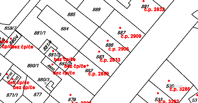 Chomutov 2833 na parcele st. 883 v KÚ Chomutov II, Katastrální mapa