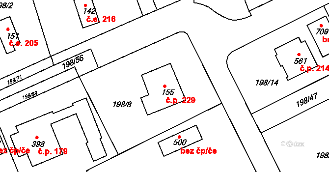 Svinary 229, Hradec Králové na parcele st. 155 v KÚ Svinary, Katastrální mapa