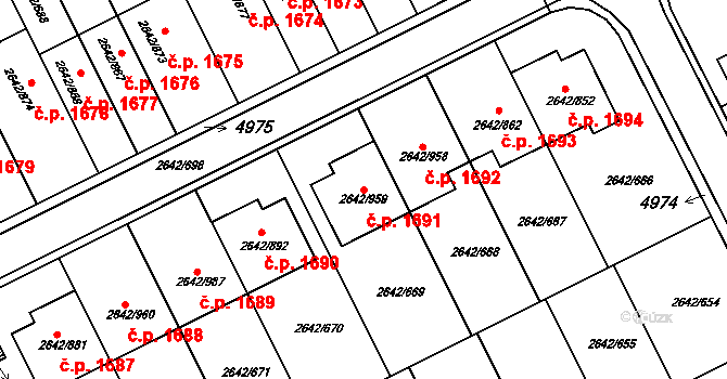 Kuřim 1691 na parcele st. 2642/959 v KÚ Kuřim, Katastrální mapa