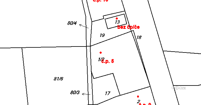 Horní Lažany 5, Lesonice na parcele st. 1/2 v KÚ Horní Lažany u Lesonic, Katastrální mapa