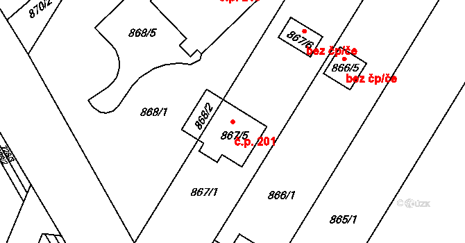 Sentice 201 na parcele st. 867/5 v KÚ Sentice, Katastrální mapa