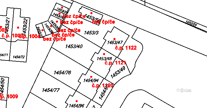 Černice 1121, Plzeň na parcele st. 1453/48 v KÚ Černice, Katastrální mapa