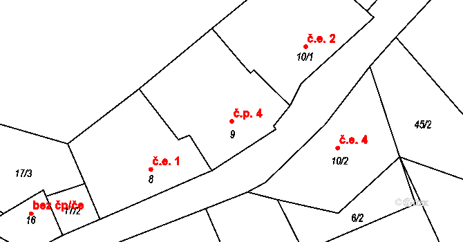 Dolní Záhoří 4, Lubenec na parcele st. 9 v KÚ Dolní Záhoří, Katastrální mapa