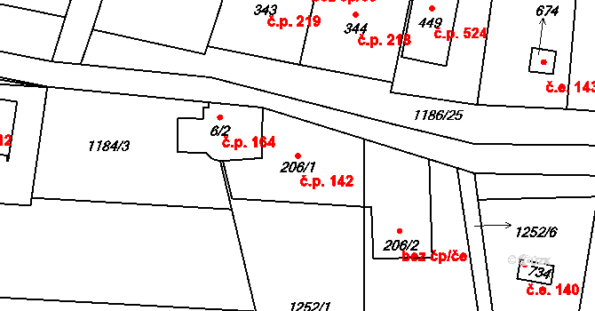Příluky 142, Zlín na parcele st. 206/1 v KÚ Příluky u Zlína, Katastrální mapa
