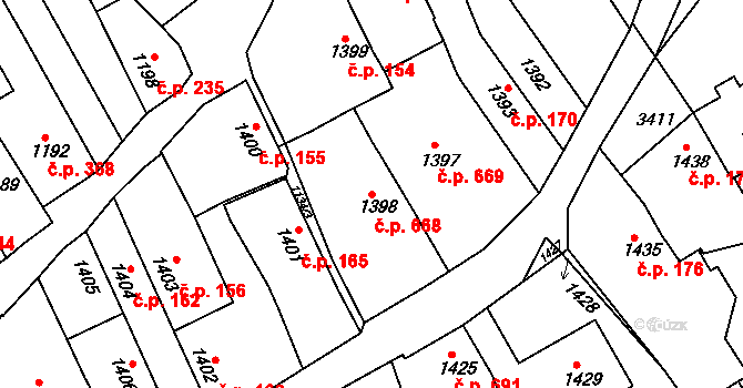 Buchlovice 668 na parcele st. 1398 v KÚ Buchlovice, Katastrální mapa