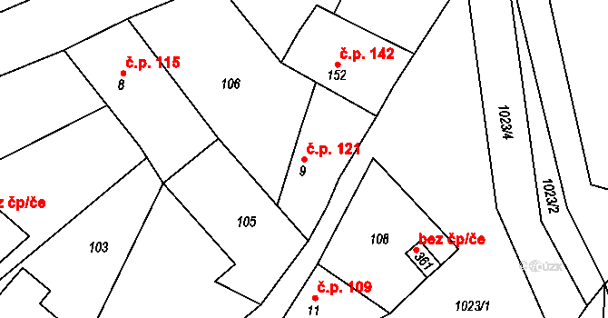 Zaječice 121 na parcele st. 9 v KÚ Zaječice u Chrudimi, Katastrální mapa