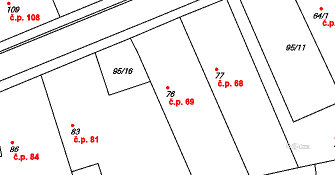Živanice 69 na parcele st. 76 v KÚ Živanice, Katastrální mapa