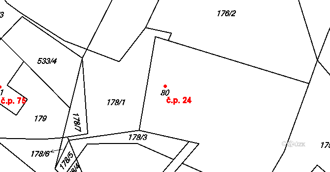 Řepová 24, Mohelnice na parcele st. 80 v KÚ Řepová, Katastrální mapa