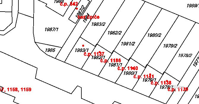 Mohelnice 1136 na parcele st. 1982/1 v KÚ Mohelnice, Katastrální mapa