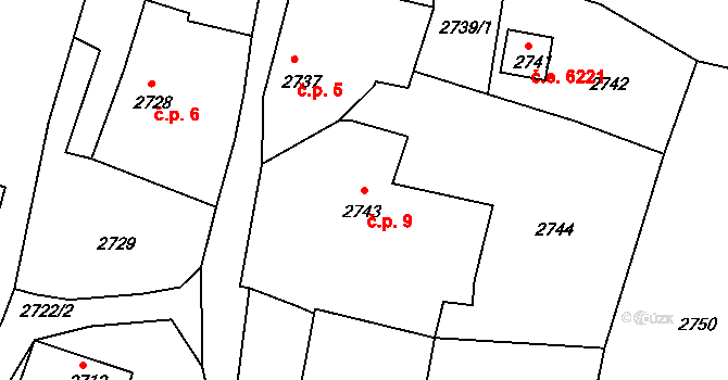 Březí 9, Kamenice nad Lipou na parcele st. 2743 v KÚ Kamenice nad Lipou, Katastrální mapa