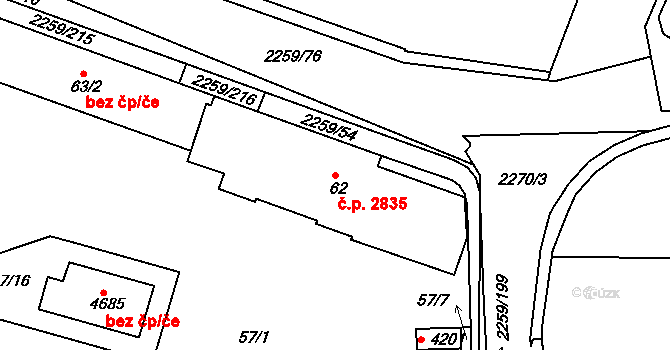 Havlíčkův Brod 2835 na parcele st. 62 v KÚ Havlíčkův Brod, Katastrální mapa