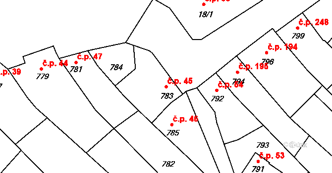 Týnec 45 na parcele st. 783 v KÚ Týnec na Moravě, Katastrální mapa