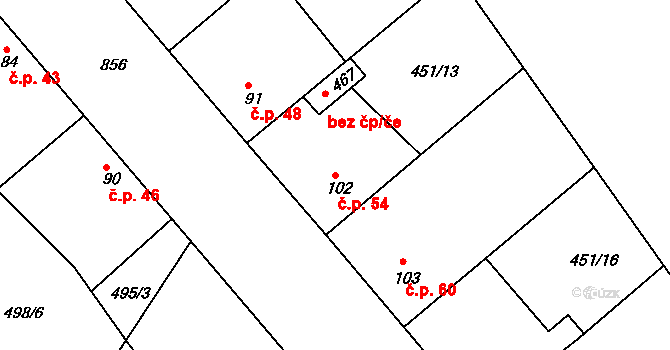 Sedlčánky 54, Čelákovice na parcele st. 102 v KÚ Sedlčánky, Katastrální mapa