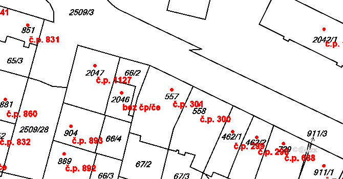 Kyjov 301 na parcele st. 557 v KÚ Kyjov, Katastrální mapa