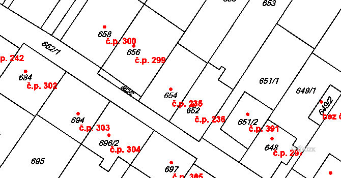 Křelov 235, Křelov-Břuchotín na parcele st. 654 v KÚ Křelov, Katastrální mapa
