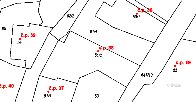 Chomutice 38 na parcele st. 51/2 v KÚ Chomutice, Katastrální mapa