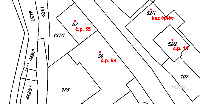 Křešov 53, Snědovice na parcele st. 56 v KÚ Křešov, Katastrální mapa