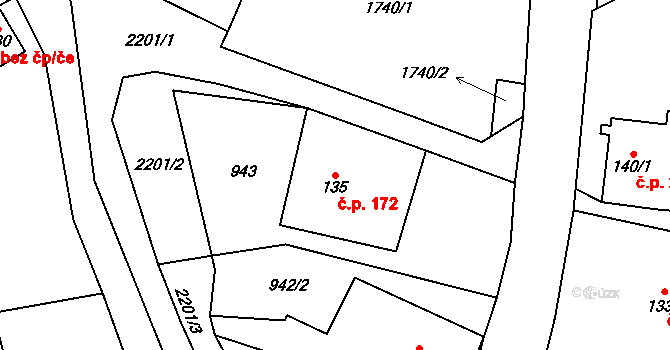 Třebařov 172 na parcele st. 135 v KÚ Třebařov, Katastrální mapa