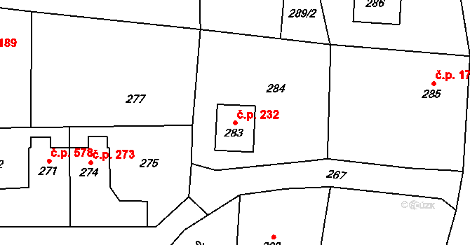 Dolní Lutyně 232 na parcele st. 283 v KÚ Dolní Lutyně, Katastrální mapa