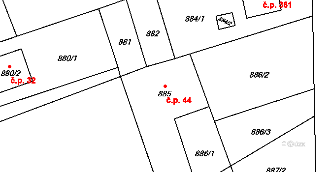 Záblatí 44, Bohumín na parcele st. 885 v KÚ Záblatí u Bohumína, Katastrální mapa