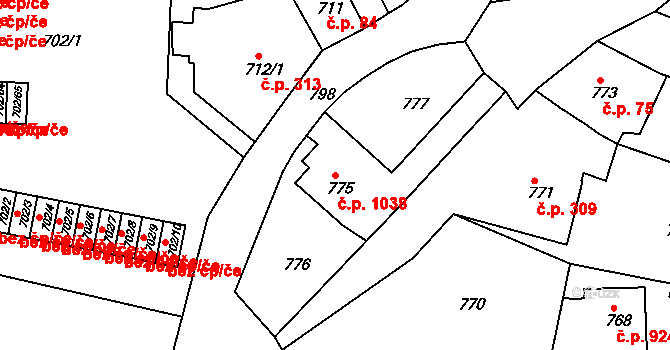 Sokolov 1038 na parcele st. 775 v KÚ Sokolov, Katastrální mapa
