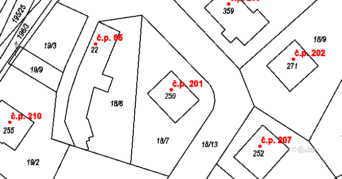 Polepy 201 na parcele st. 250 v KÚ Polepy u Kolína, Katastrální mapa