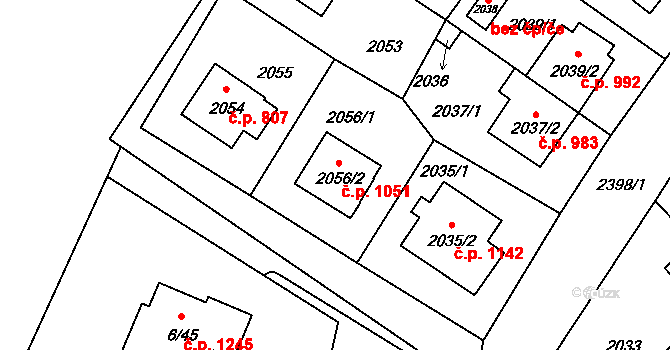 Suchdol 1051, Praha na parcele st. 2056/2 v KÚ Suchdol, Katastrální mapa