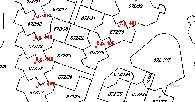 Dolní Měcholupy 402, Praha na parcele st. 672/76 v KÚ Dolní Měcholupy, Katastrální mapa