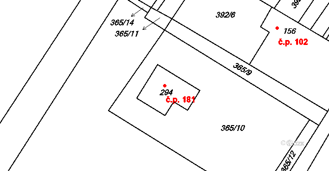 Jiřice 181, Kostelec nad Labem na parcele st. 294 v KÚ Jiřice u Kostelce nad Labem, Katastrální mapa